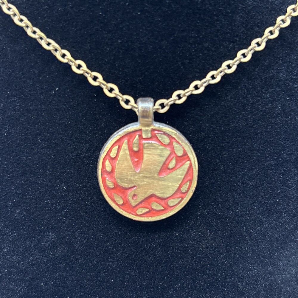 1966 Terra Sancta Guild Dove Pendant Necklace Israel Red Enamel Vintage
